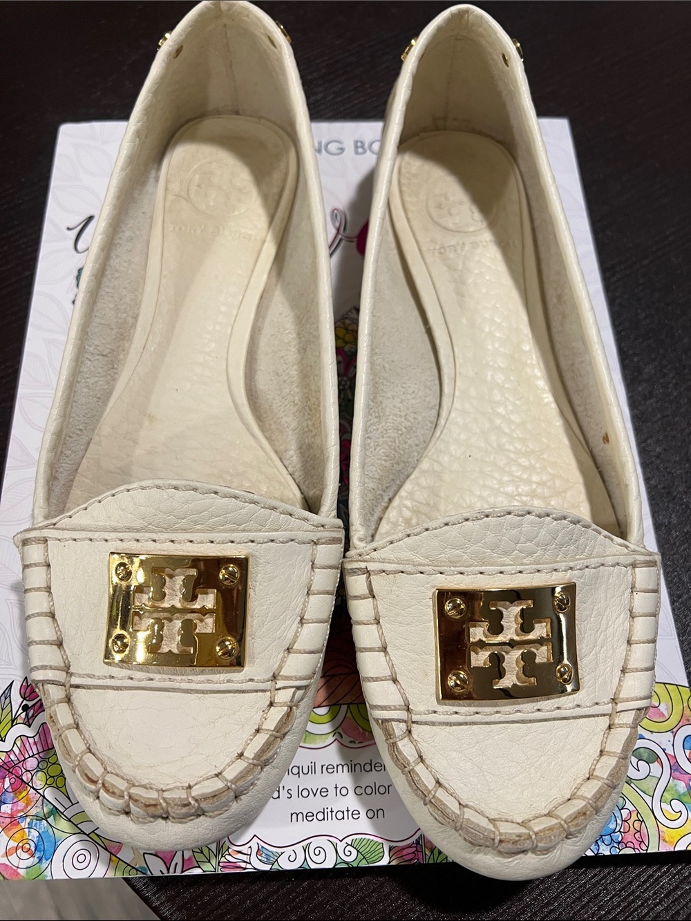 Tory Burch Ivory Leather Logo Moccasins with Gold Plate